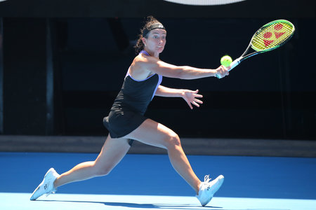 MELBOURNE, AUSTRALIA - JANUARY 20, 2019: Professional tennis player Anastasija Sevastova of Latvia in action during her round four match against Naomi Osaka at Australian Open 2019 in Melbourne Parkのeditorial素材