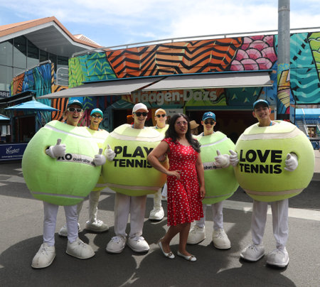 MELBOURNE, AUSTRALIA - JANUARY 27, 2019: Visitors have fun on a grounds at 2019 Australian Open in Melbourne Parkのeditorial素材