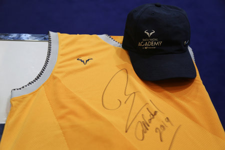MELBOURNE, AUSTRALIA - JANUARY 22, 2019: Rafael Nadal memorabilia at the Rafa Nadal Academy by Movistar promotional at Australian Open 2019 in Melbourne Parkのeditorial素材