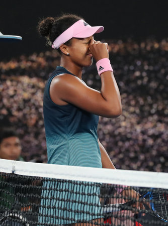 MELBOURNE, AUSTRALIA - JANUARY 26, 2019: Grand Slam Champion Naomi Osaka of Japan celebrates victory after her final match against Petra Kvitova at 2019 Australian Open in Melbourne Parkのeditorial素材