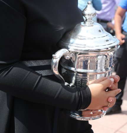 NEW YORK - SEPTEMBER 8, 2019: 2019 US Open champion Bianca Andreescu of Canada poses with US Open trophy on the Top of the Rock Observation Deck at Rockefeller Center in New Yorkのeditorial素材