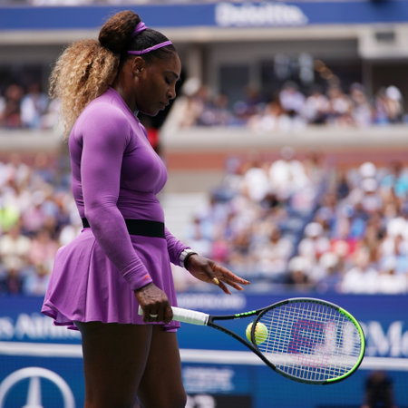 NEW YORK - SEPTEMBER 1, 2019: Grand Slam champion Serena Williams in action during her 2019 US Open round of 16 match at Billie Jean King National Tennis Centerのeditorial素材