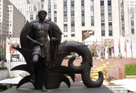NEW YORK CITY - SEPTEMBER 8, 2019: Youth Prometheus Creation Statue at Rockefeller Center in Midtown Manhattan.のeditorial素材