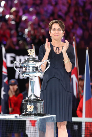 MELBOURNE, AUSTRALIA - JANUARY 26, 2019: Tennis Australia president Jayne Hrdlicka during 2019 Australian Open trophy presentation after women's final match at Rod Laver Arena  in Melbourneのeditorial素材