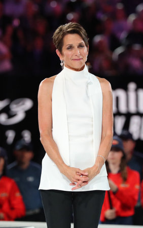 MELBOURNE, AUSTRALIA - JANUARY 27, 2019: Tennis Australia president Jayne Hrdlicka during 2019 Australian Open trophy presentation after men's final match at Rod Laver Arena  in Melbourneのeditorial素材