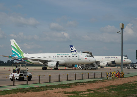 SIEM REAP, CAMBODIA - NOVEMBER 4, 2019: Passenger planes on tarmac at Siem Reap International...