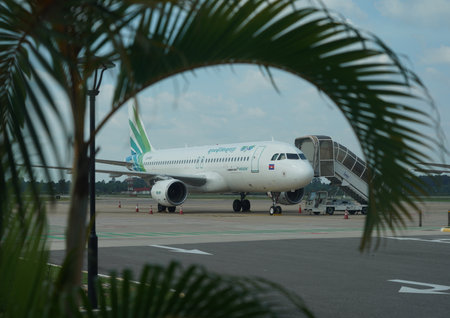 SIEM REAP, CAMBODIA - NOVEMBER 4, 2019: Lanmei Airlines Airbus A 320 on tarmac at Siem Reap International Airport in Cambodiaのeditorial素材