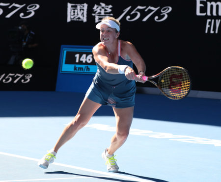 MELBOURNE, AUSTRALIA - JANUARY 22, 2019: Professional tennis player Anastasia Pavlyuchenkova of Russia in action during her quarter-final match at 2019 Australian Open in Melbourne Parkのeditorial素材