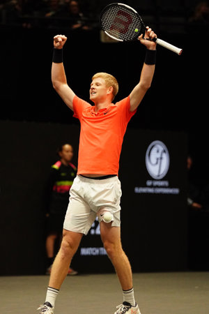 UNIONDALE, NEW YORK - FEBRUARY 16, 2020:  2020 New York Open tennis tournament Champion Kyle Edmund of Great Britain celebrates victory after his final match in Uniondale, New Yorkのeditorial素材