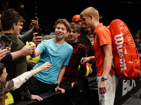 UNIONDALE, NEW YORK - FEBRUARY 16, 2020:  2020 New York Open tennis tournament Champion Kyle Edmund...