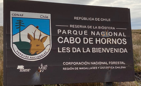 View of a sign of the Cabo de Hornos National Park, which is located in Hornos Island, Chile. Cape Horn is the southernmost headland of the Tierra del Fuego archipelago of southern Chile, and is located on the small Hornos Island.のeditorial素材