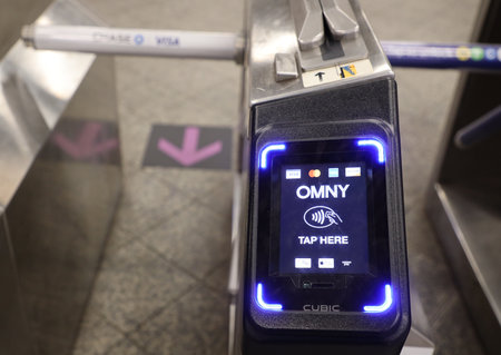 BROOKLYN, NEW YORK - JULY 13, 2019: OMNY contactless fare payment system at Atlantic Avenue - Barkley Center Subway Station in Brooklyn. Owned by the NYC Transit Authority, the subway system has 469 stations in operationのeditorial素材