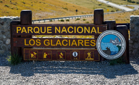 EL CHALTEN, ARGENTINA - FEBRUARY 7, 2020: The Los Glaciares National Park entrance and village El...