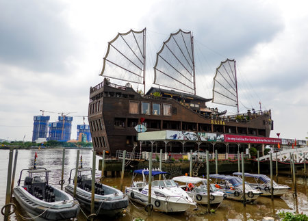 HO CHI MINH, VIETNAM - NOVEMBER 3, 2019: Elisa floating restaurant in Saigon Port. Elisa restaurant is a unique floating restaurant in Ho Chi Minh City. It is largest floating restaurant in Vietnamのeditorial素材