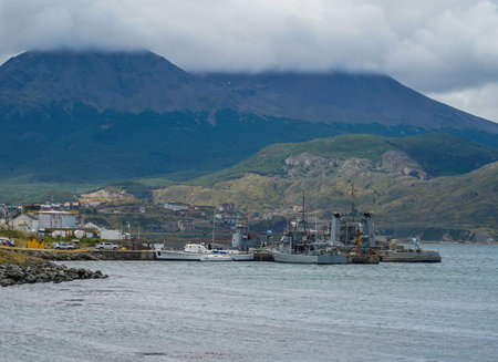 USHUAIA, ARGENTINA  - FEBRUARY 5, 2020: Integrated Naval Base Almirante Berisso in Ushuaia, Tierra del Fuego. It is the southernmost port of the Argentina Navy in Argentine sector of the Beagle Channelのeditorial素材