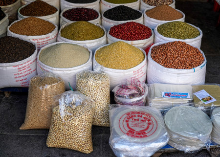 HANOI, VIETNAM - OCTOBER 28, 2019: Local goods for sale at Old Quarter morning market in Hanoi, Vietnamのeditorial素材