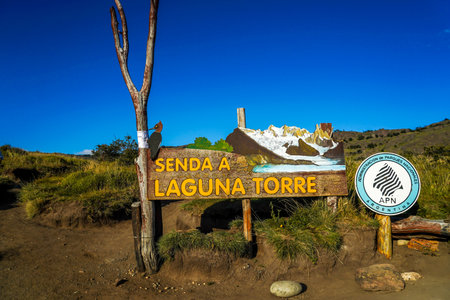 EL CHALTEN, ARGENTINA  - FEBRUARY 6, 2020: Sign at the Laguna Torre trek in the Los Glaciares National Park, Santa Cruz Province, Argentinaのeditorial素材