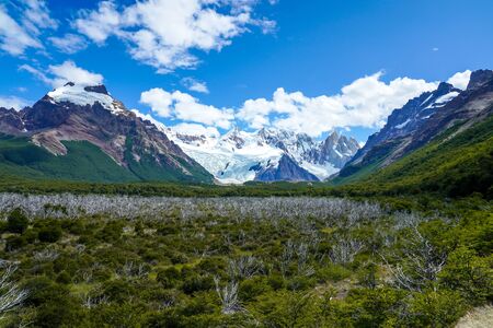 Mountain chain with Cerro Torre at the Laguna Torre trek in the Los Glaciares National Park, Santa Cruz Province, Argentinaの写真素材