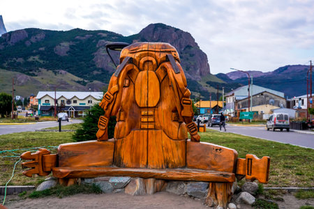 EL CHALTEN, ARGENTINA - FEBRUARY 6, 2020: Wooden sculpture in a village El Chalten within Los Glaciares National Park in Argentinaâs Santa Cruz provinceのeditorial素材