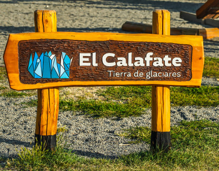 EL CALAFATE, ARGENTINA - FEBRUARY 7, 2020: Sign in city of El Calafate in Argentinian Patagonia. El Calafate is an important tourist destination as the hub to visit different parts of the Los Glaciares National Parkのeditorial素材