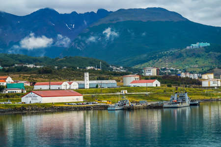 USHUAIA, ARGENTINA - FEBRUARY 4, 2020: Integrated Naval Base Almirante Berisso in Ushuaia, Tierra del Fuego. It is the southernmost port of the Argentina Navy in Argentine sector of the Beagle Channelのeditorial素材