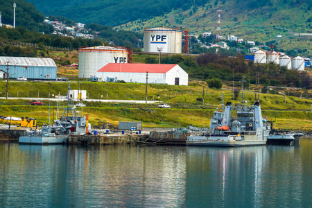 USHUAIA, ARGENTINA - FEBRUARY 4, 2020: Integrated Naval Base Almirante Berisso in Ushuaia, Tierra del Fuego. It is the southernmost port of the Argentina Navy in Argentine sector of the Beagle Channelのeditorial素材