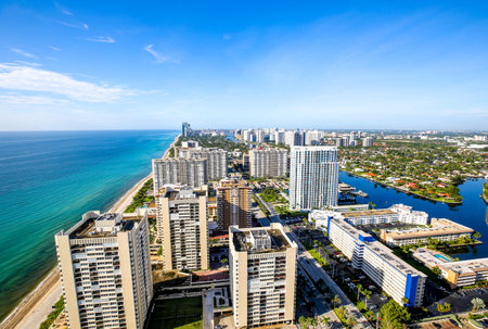 HALLANDALE BEACH, FLORIDA - MARCH 27, 2019: Aerial view of Hallandale Beach from highrise luxury condominium. Hallandale Beach is a city in Broward County, Floridaのeditorial素材