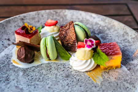 Fancy desert served in gourmet restaurantの写真素材