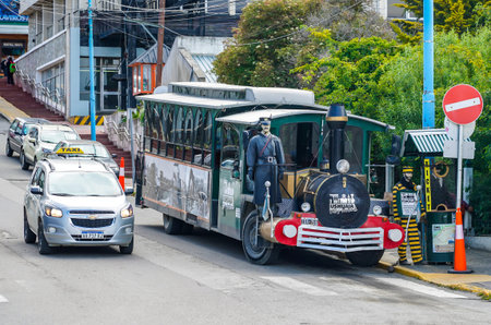 USHUAIA, ARGENTINA - FEBRUARY 5, 2020: City train in the center of Ushuaia, Argentinian Patagonia
