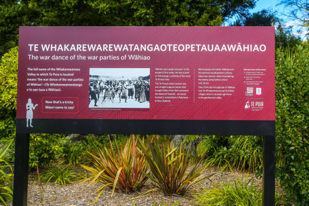 ROTORUA, NEW ZEALAND - FEBRUARY 2, 2019: Sign at the Te Puia Park. Te Puia is home to the New Zealand Maori Arts and Crafts Institute and the world famous Pohutu geyserのeditorial素材