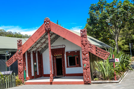 ROTORUA, NEW ZEALAND - FEBRUARY 2, 2019: Rotowhio marae, a traditional meeting house in Te Puia, it's also a stage of Maori cultural performance.のeditorial素材