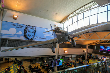 AUCKLAND, NEW ZEALAND - FEBRUARY 4, 2019: Jean Batten's Percival Gull plane on display at the International Terminal at Auckland Airport. Jean Batten was a New Zealand aviatrixのeditorial素材