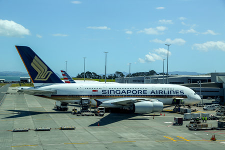 AUCKLAND, NEW ZEALAND - FEBRUARY 4, 2019: Singapore Airlines Airbus A380 aircraft on tarmac at the Auckland International Airportのeditorial素材