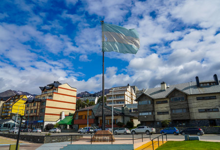 USHUAIA, ARGENTINA - FEBRUARY 5, 2020: Flag of Argentina in Ushuaia, Tierra del Fuegoのeditorial素材
