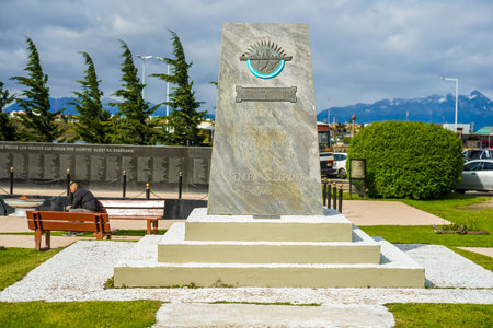 USHUAIA, ARGENTINA - FEBRUARY 5, 2020: Malvinas (Falklands) War National Historical Monument memorial at the Plaza Islas Malvinas in Ushuaia, Tierra del Fuego, Argentinaのeditorial素材