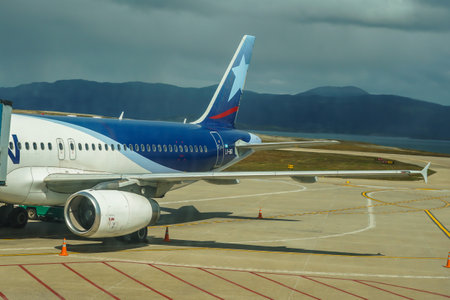USHUAIA, ARGENTINA - FEBRUARY 5, 2020: Latam Airline aircraft on tarmac at the Malvinas Argentinas Ushuaia International Airportのeditorial素材