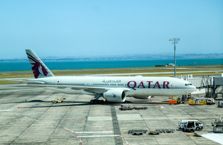 AUCKLAND, NEW ZEALAND - FEBRUARY 4, 2019: Qatar Airways plane on tarmac at the Auckland International Airportのeditorial素材