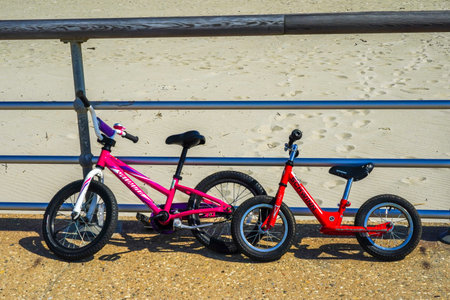 Bicycles parked at the Riis Park boardwalk in Far Rockaway, New Yorkの写真素材