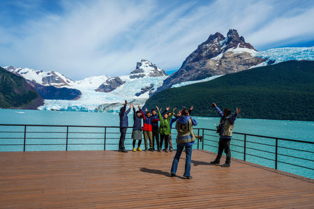 EL CALAFATE, ARGENTINA - FEBRUARY, 8, 2020: Visitors enjoy Lake Argentino cruise to see the Spegazzini and Upsala Glaciers in Argentinian Patagoniaのeditorial素材