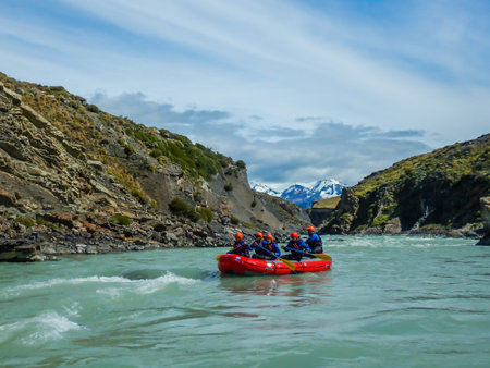 EL CHALTEN , ARGENTINA - FEBRUARY 9, 2020: Visitors enjoy whitewater rafting on the Rio de las Vueltas in the Los Glaciares National Park, Santa Cruz Province, Argentinaのeditorial素材