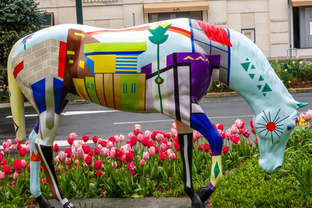 MANHASSET, NEW YORK - APRIL 18, 2020: Painted Horse at the Americana Manhasset. Americana Manhasset is an upscale, open-air shopping center located in Long Island, New Yorkのeditorial素材