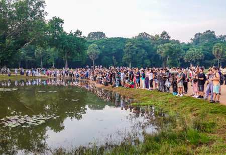 SIEM RIP, CAMBODIA  - NOVEMBER 6, 2019: Numerous photographers at Angkor Wat Temple during sunset in Siem Reap, Cambodiaのeditorial素材