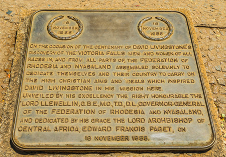 Plaque commemorating David Livingstone's discovery in Victoria Falls National Park, Zimbabweのeditorial素材