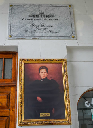 PUNTA ARENAS, CHILE - JANUARY 31, 2020: Sign at the monumental porch and central entrance at a Cemetery of Punta Arenas Sara Braun in Chileのeditorial素材