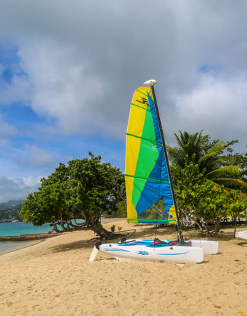 GRAND ANSE BEACH, GRENADA - JUNE 10, 2017: Hobie Cat catamaran at Grand Anse Beach in Grenadaのeditorial素材