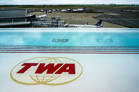 NEW YORK - JUNE 19, 2020: Observation desk and rooftop pool in TWA Hotel at the landmark TWA Flight...