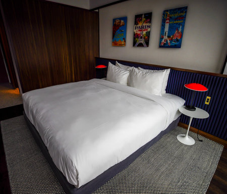 NEW YORK - JUNE 19, 2020: Deluxe king room at the TWA Hotel living wing behind the landmark TWA Flight Center building at the John F. Kennedy International Airport (JFK) in NY. TWA Hotel is an official hotel of 2020 US Open tennis tournamentのeditorial素材