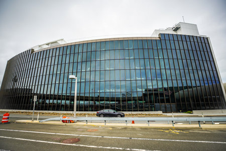 NEW YORK - JUNE 19, 2020: TWA Hotel living wing behind the landmark TWA Flight Center building at the John F. Kennedy International Airport (JFK) in NY. TWA Hotel is an official hotel of 2020 US Open tennis tournamentのeditorial素材
