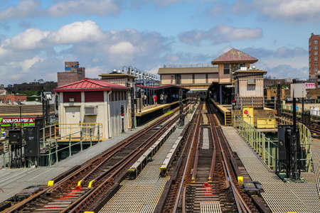 The New York City Subway tracks at Brighton Beach Station in Brooklyn. Owned by the NYC Transit Authority, the subway system has 469 stations in operationの写真素材