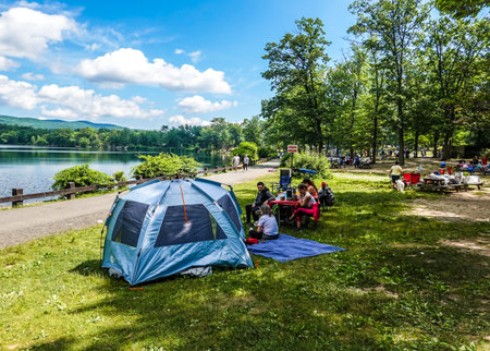 NEW YORK STATE - JUNE 21, 2020: Family having picnic by the lake at Bear Mountain State Park in New York Stateのeditorial素材